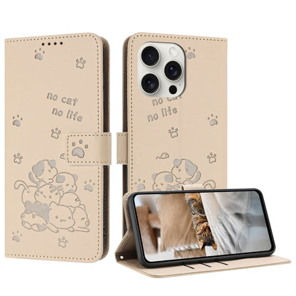 For iPhone 16 Pro Max Embossed Kitten Phone Leather Case with Lanyard(Beige) - iPhone 16 Pro Max Cases by buy2fix | Online Shopping UK | buy2fix