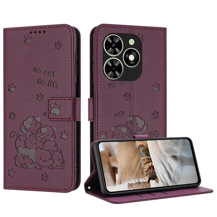 For Tecno Spark Go 2024 4G Embossed Kitten Phone Leather Case with Lanyard(Wine Red) - Tecno Cases by buy2fix | Online Shopping UK | buy2fix