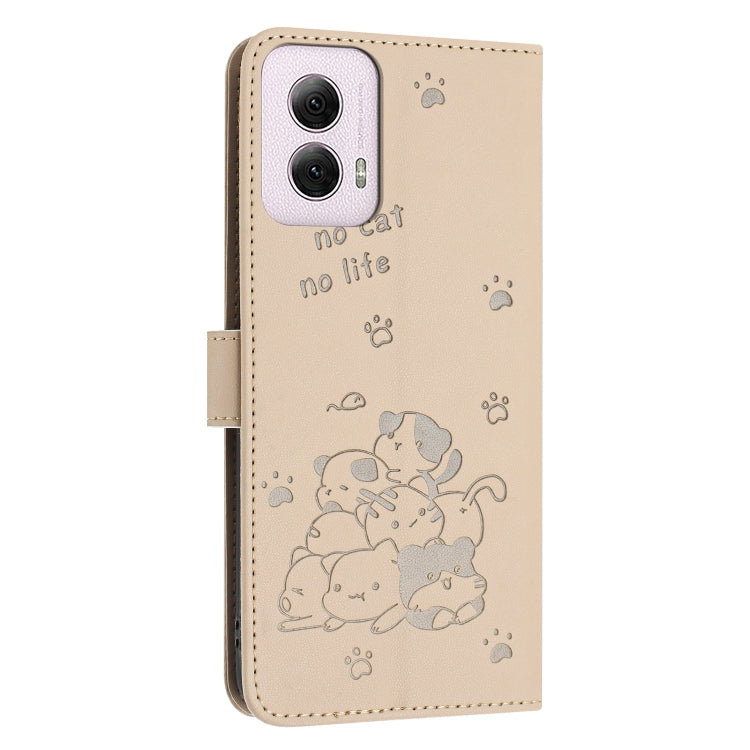 For Motorola Moto G Power 5G 2024 Embossed Kitten Phone Leather Case with Lanyard(Beige) - Motorola Cases by buy2fix | Online Shopping UK | buy2fix