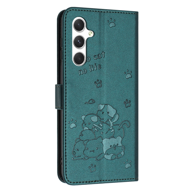 For Samsung Galaxy S25 / S24 5G Embossed Kitten Phone Leather Case with Lanyard(Dark Green) - Galaxy S24 5G Cases by buy2fix | Online Shopping UK | buy2fix