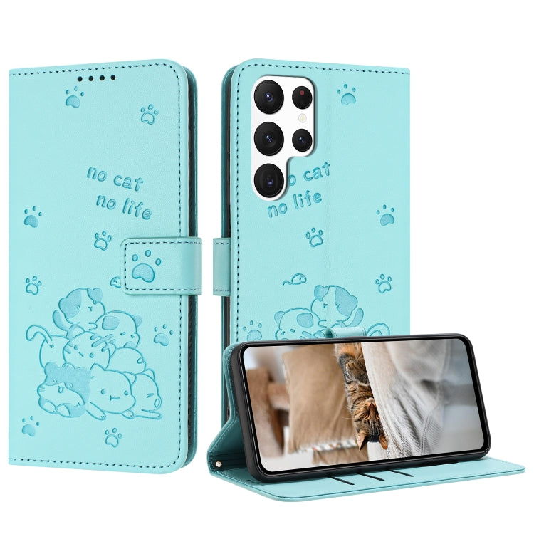 For Samsung Galaxy S25 Ultra 5G Embossed Kitten Phone Leather Case with Lanyard(Mint Green) - Galaxy S25 Ultra 5G Cases by buy2fix | Online Shopping UK | buy2fix