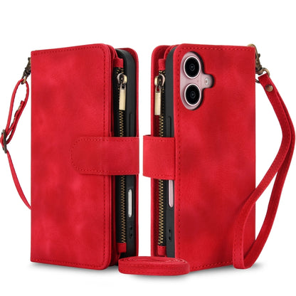 For iPhone 16 Dream 9-Card Zipper Wallet RFID Leather Phone Case with Lanyard(Red) - iPhone 16 Cases by buy2fix | Online Shopping UK | buy2fix