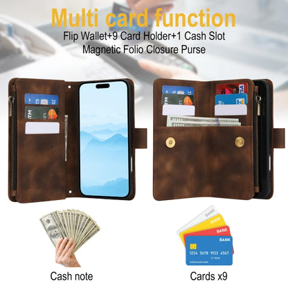 For iPhone 16 Dream 9-Card Zipper Wallet RFID Leather Phone Case with Lanyard(Brown) - iPhone 16 Cases by buy2fix | Online Shopping UK | buy2fix