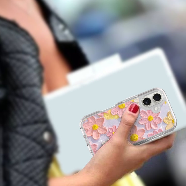 For iPhone 16 Small Fresh Sticker PC + TPU Shockproof Phone Case(Pink Flower) - iPhone 16 Cases by buy2fix | Online Shopping UK | buy2fix