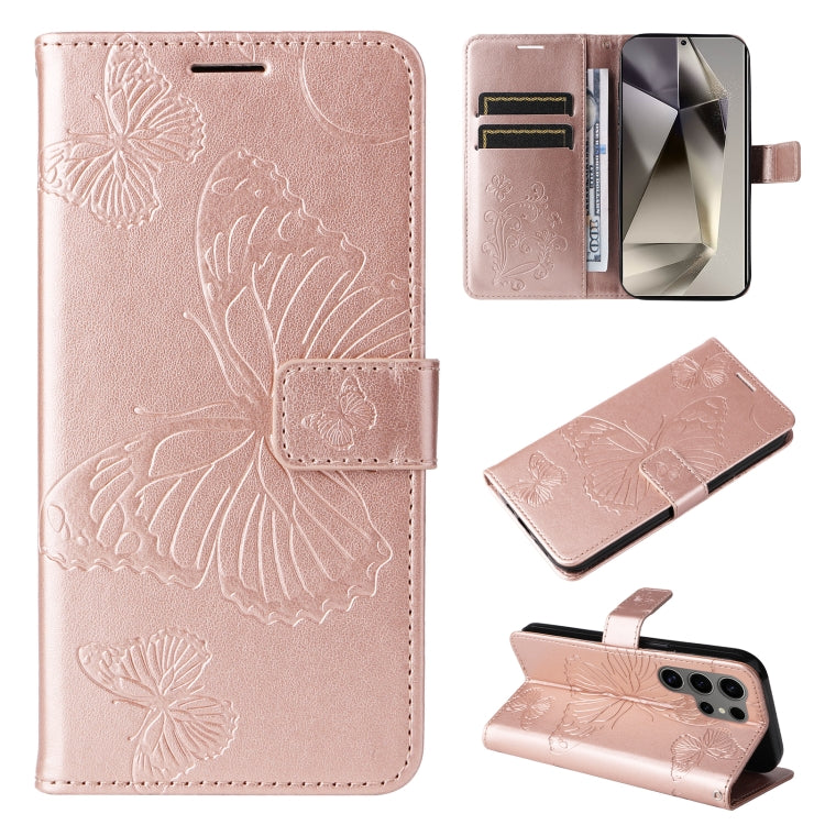 For Samsung Galaxy S25 Ultra 5G 3D Butterfly Embossed Pattern Flip Leather Phone Case(Rose Gold) - Galaxy S25 Ultra 5G Cases by buy2fix | Online Shopping UK | buy2fix