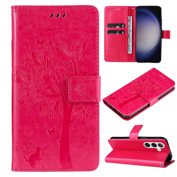 For Samsung Galaxy S25 / S24 5G Tree & Cat Embossed Pattern Flip Leather Phone Case(Rose Red) - Galaxy S25 5G Cases by buy2fix | Online Shopping UK | buy2fix