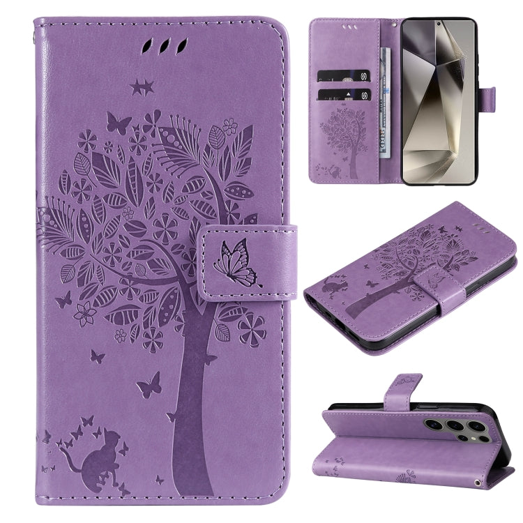 For Samsung Galaxy S25 Ultra 5G Tree & Cat Embossed Pattern Flip Leather Phone Case(Light Purple) - Galaxy S25 Ultra 5G Cases by buy2fix | Online Shopping UK | buy2fix