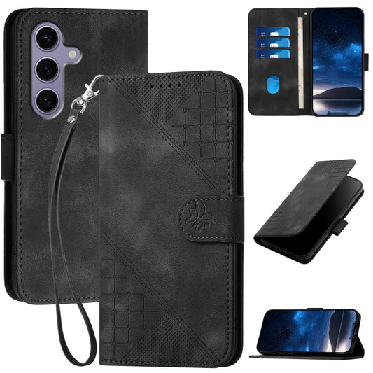 For Samsung Galaxy S25 5G YX0080 Grid Butterfly Embossed Pattern Flip Leather Phone Case with Lanyard(Black) - Galaxy S25 5G Cases by buy2fix | Online Shopping UK | buy2fix