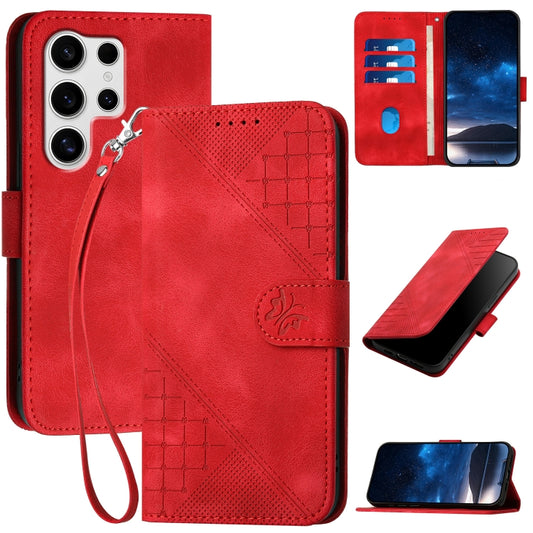 For Samsung Galaxy S25 Ultra 5G YX0080 Grid Butterfly Embossed Pattern Flip Leather Phone Case with Lanyard(Red) - Galaxy S25 Ultra 5G Cases by buy2fix | Online Shopping UK | buy2fix