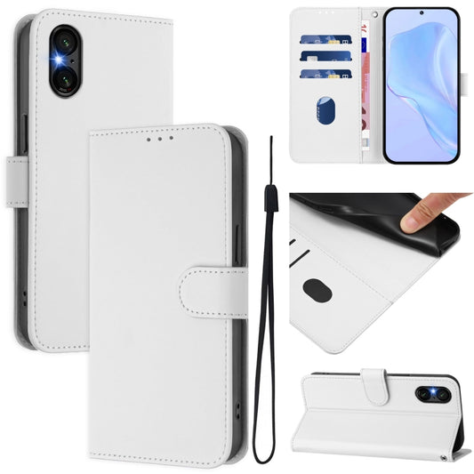 For Sony Xperia 5 VI 2024 Skin Feel Solid Color Leather Phone Case with Lanyard(White) - Sony Cases by buy2fix | Online Shopping UK | buy2fix