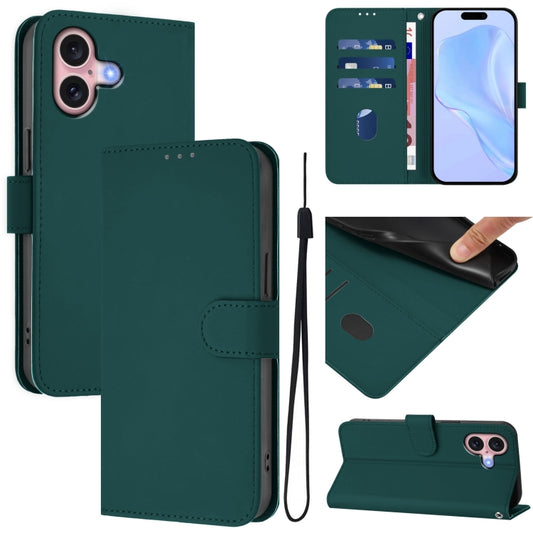 For iPhone 16 Skin Feel Solid Color Leather Phone Case with Lanyard(Dark Green) - iPhone 16 Cases by buy2fix | Online Shopping UK | buy2fix