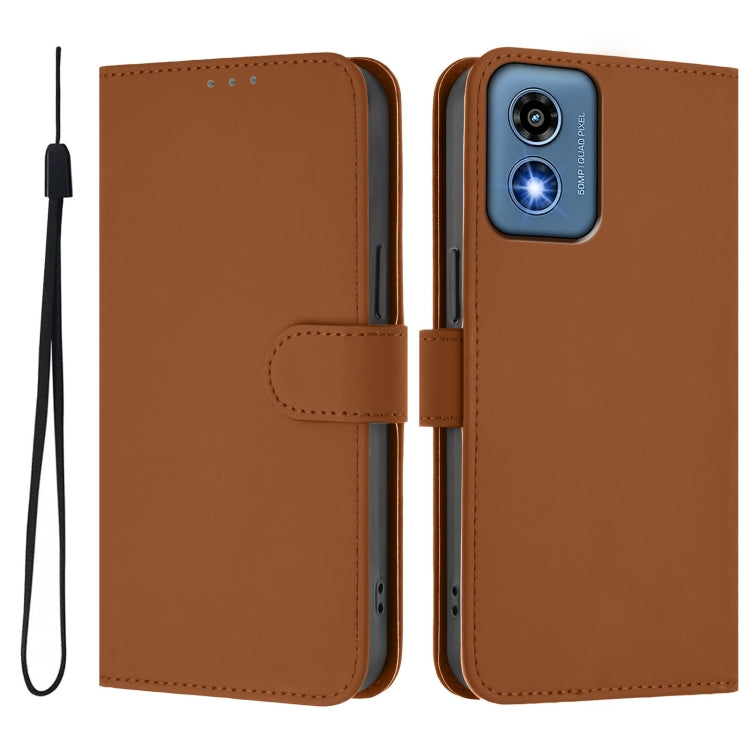 For Motorola Moto G Play 5G 2024 Global Skin Feel Solid Color Leather Phone Case with Lanyard(Brown) - Motorola Cases by buy2fix | Online Shopping UK | buy2fix