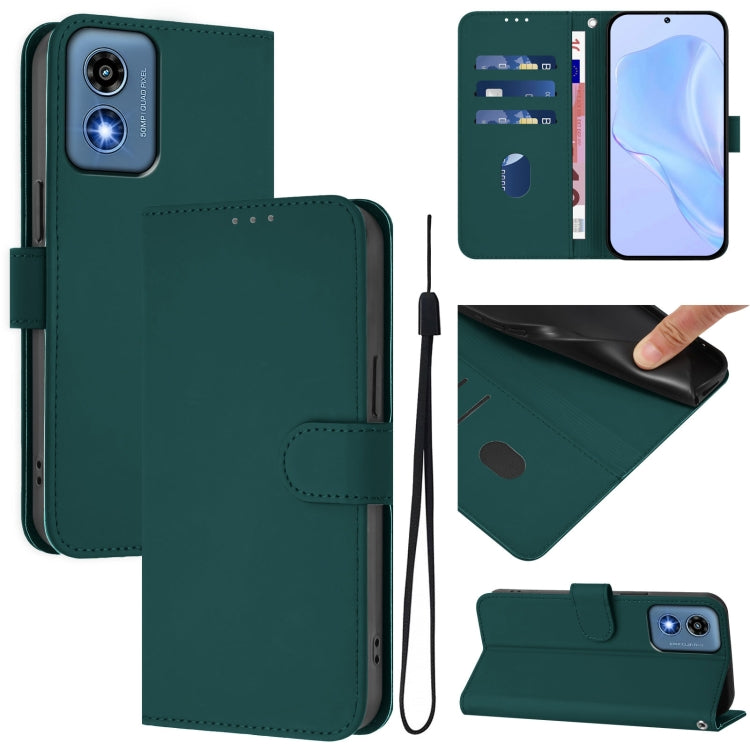 For Motorola Moto G Play 5G 2024 Global Skin Feel Solid Color Leather Phone Case with Lanyard(Dark Green) - Motorola Cases by buy2fix | Online Shopping UK | buy2fix