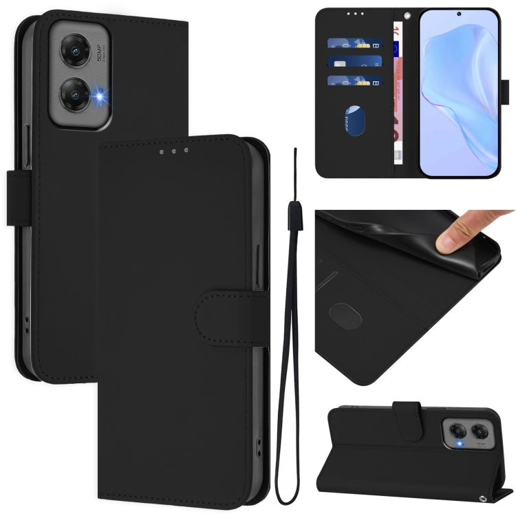 For Motorola Moto G Stylus 5G 2024 Skin Feel Solid Color Leather Phone Case with Lanyard(Black) - Motorola Cases by buy2fix | Online Shopping UK | buy2fix