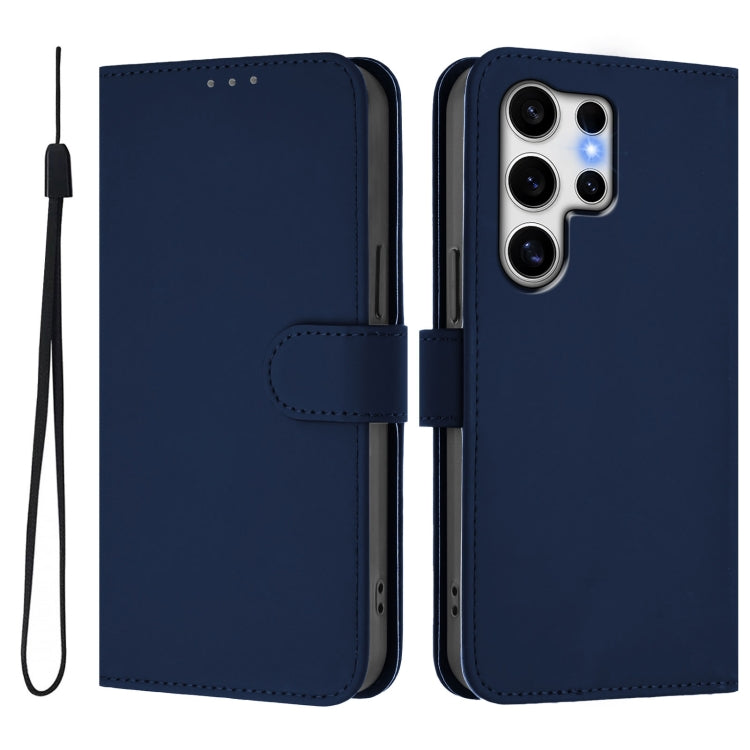 For Samsung Galaxy S25 Ultra 5G Skin Feel Solid Color Leather Phone Case with Lanyard(Navy Blue) - Galaxy S25 Ultra 5G Cases by buy2fix | Online Shopping UK | buy2fix