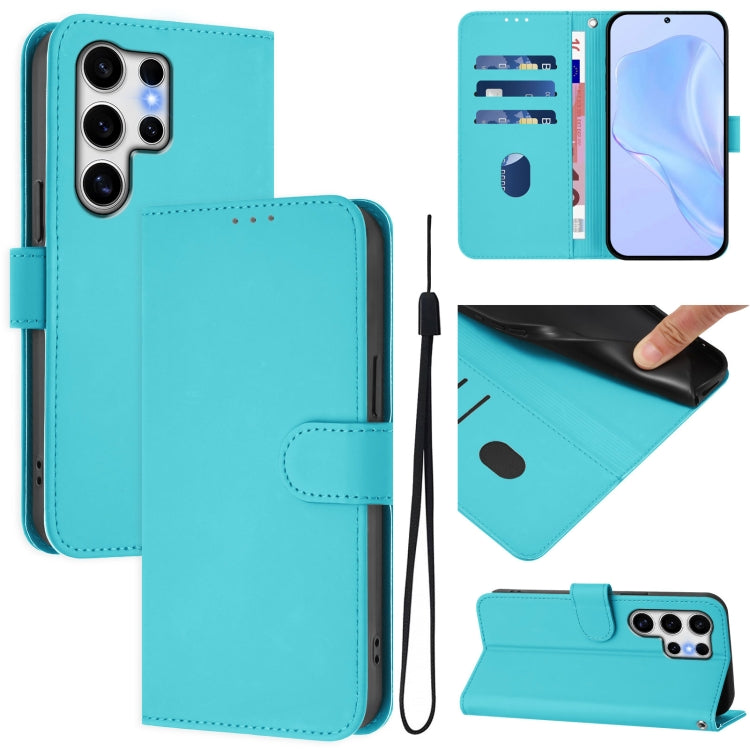 For Samsung Galaxy S25 Ultra 5G Skin Feel Solid Color Leather Phone Case with Lanyard(Lake Blue) - Galaxy S25 Ultra 5G Cases by buy2fix | Online Shopping UK | buy2fix