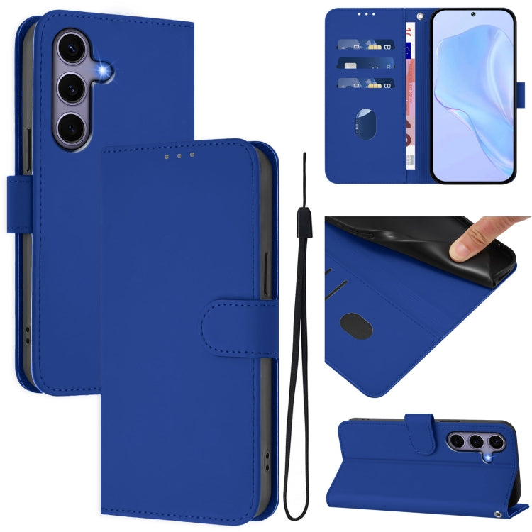 For Samsung Galaxy S25 5G Skin Feel Solid Color Leather Phone Case with Lanyard(Dark Blue) - Galaxy S25 5G Cases by buy2fix | Online Shopping UK | buy2fix