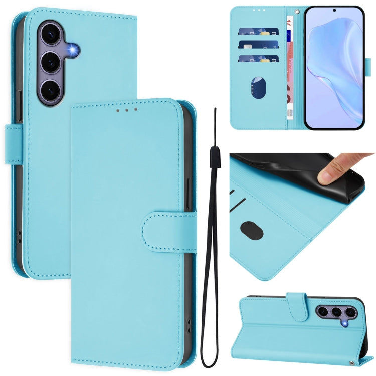 For Samsung Galaxy S25 5G Skin Feel Solid Color Leather Phone Case with Lanyard(Sky Blue) - Galaxy S25 5G Cases by buy2fix | Online Shopping UK | buy2fix