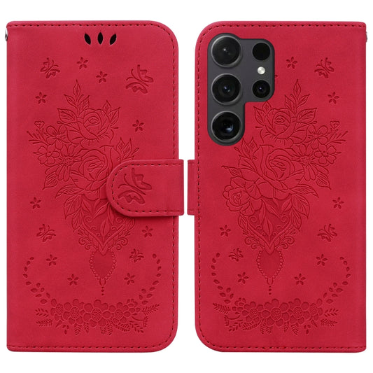 For Samsung Galaxy S25 Ultra 5G Butterfly Rose Embossed Leather Phone Case(Red) - Galaxy S25 Ultra 5G Cases by buy2fix | Online Shopping UK | buy2fix