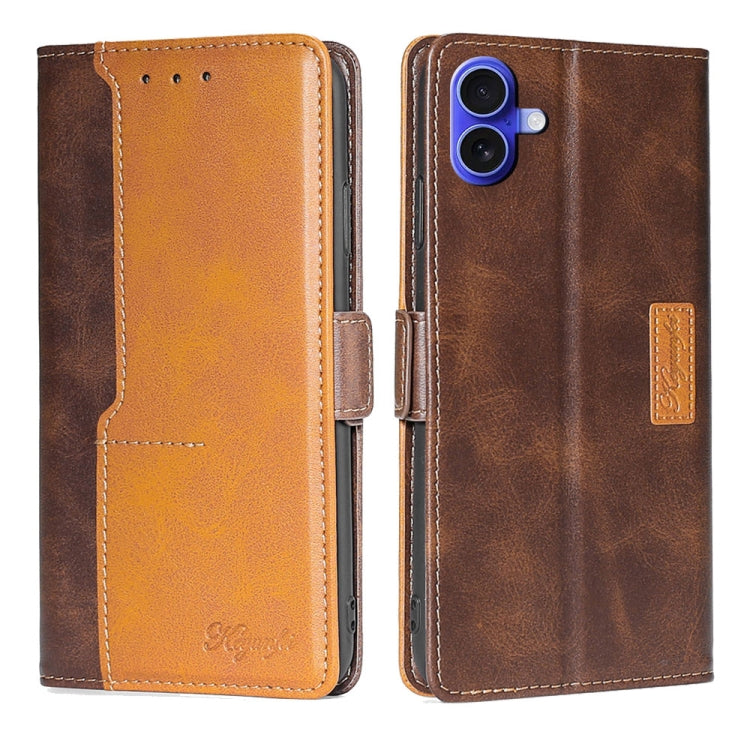 For iPhone 16 Plus Contrast Color Side Buckle Leather Phone Case(Dark Brown + Gold) - iPhone 16 Plus Cases by buy2fix | Online Shopping UK | buy2fix