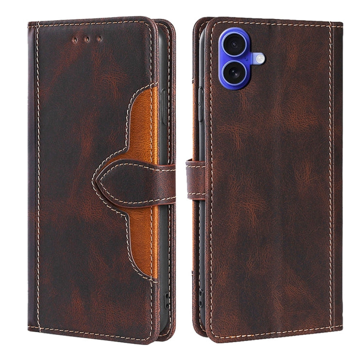 For iPhone 16 Plus Skin Feel Magnetic Buckle Leather Phone Case(Brown) - iPhone 16 Plus Cases by buy2fix | Online Shopping UK | buy2fix