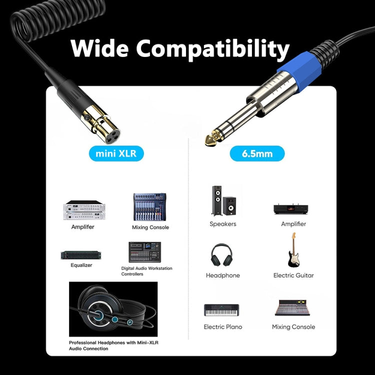 Mini 3 Pin XLR to 6.35mm Stereo Microphone Aux Audio Cable Coiled Adapter Cable, Length: 0.5m(Black) - Microphone Audio Cable & Connector by buy2fix | Online Shopping UK | buy2fix