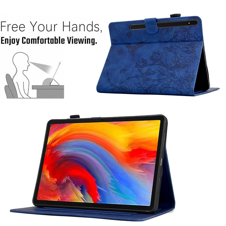 For Samsung Galaxy Tab S9 Flowers and Bird Embossed Smart Leather Tablet Case(Dark Blue) - Galaxy Tab S9 Cases by buy2fix | Online Shopping UK | buy2fix