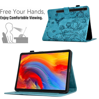 For Samsung Galaxy Tab S9 Flowers and Bird Embossed Smart Leather Tablet Case(Light Blue) - Galaxy Tab S9 Cases by buy2fix | Online Shopping UK | buy2fix