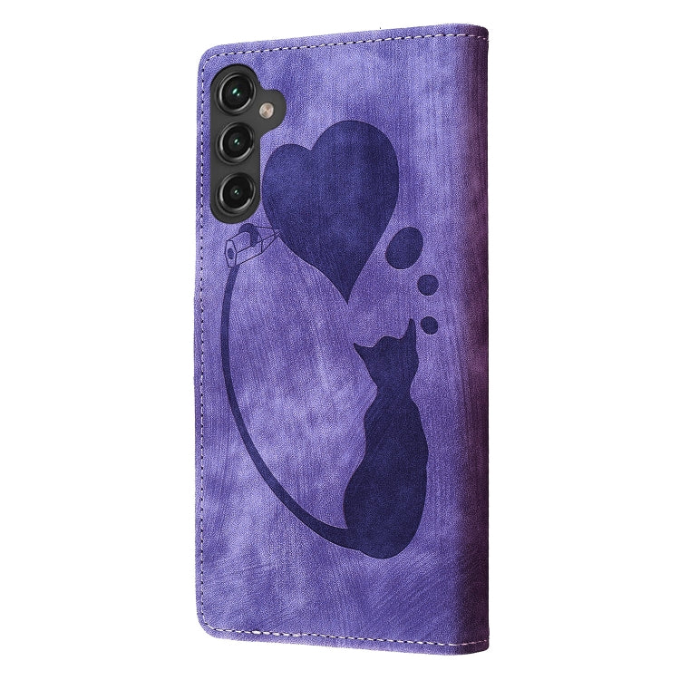 For Samsung Galaxy S25 5G Pen Heart Cat Embossed Leather Phone Case(Purple) - Galaxy S25 5G Cases by buy2fix | Online Shopping UK | buy2fix