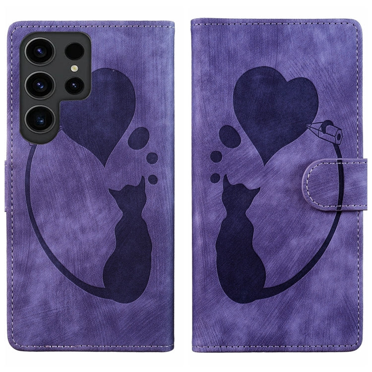 For Samsung Galaxy S25 Ultra 5G Pen Heart Cat Embossed Leather Phone Case(Purple) - Galaxy S25 Ultra 5G Cases by buy2fix | Online Shopping UK | buy2fix