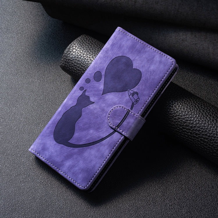 For Samsung Galaxy S25 Ultra 5G Pen Heart Cat Embossed Leather Phone Case(Purple) - Galaxy S25 Ultra 5G Cases by buy2fix | Online Shopping UK | buy2fix