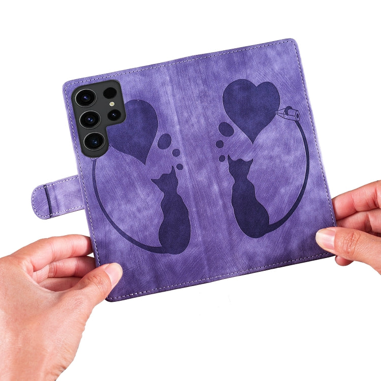 For Samsung Galaxy S25 Ultra 5G Pen Heart Cat Embossed Leather Phone Case(Purple) - Galaxy S25 Ultra 5G Cases by buy2fix | Online Shopping UK | buy2fix