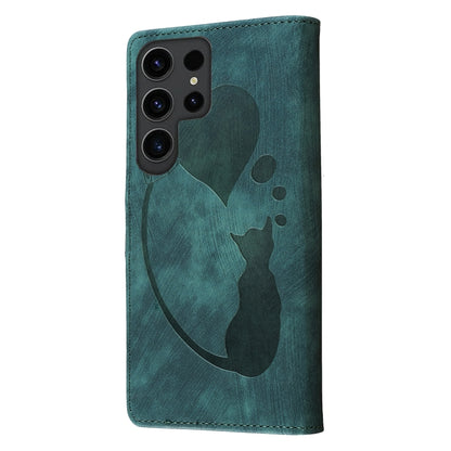 For Samsung Galaxy S25 Ultra 5G Pen Heart Cat Embossed Leather Phone Case(Green) - Galaxy S25 Ultra 5G Cases by buy2fix | Online Shopping UK | buy2fix