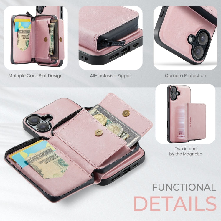 For iPhone 16 Plus JEEHOOD J02 Magnetic Zipper Horizontal Flip Leather Phone Case(Pink) - iPhone 16 Plus Cases by JEEHOOD | Online Shopping UK | buy2fix