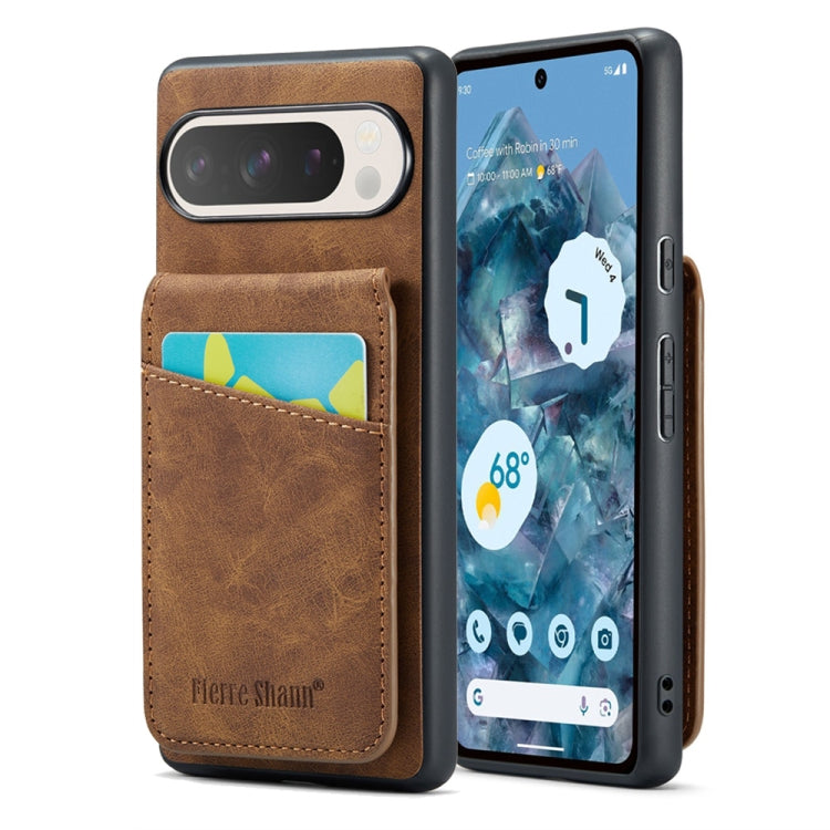 For Google Pixel 9 Pro XL Fierre Shann Crazy Horse Card Holder Back Cover PU Phone Case(Brown) - Google Cases by FIERRE SHANN | Online Shopping UK | buy2fix