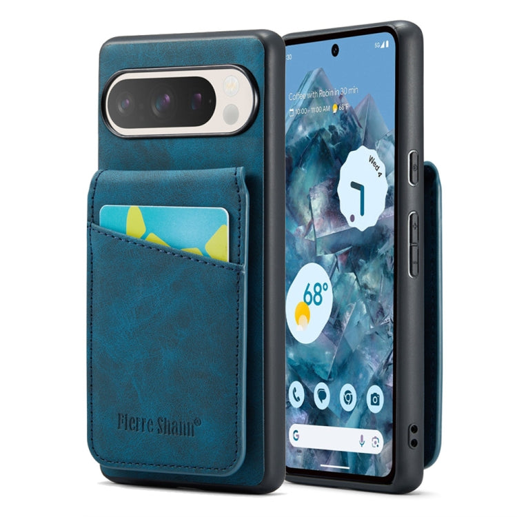 For Google Pixel 9 / 9 Pro Fierre Shann Crazy Horse Card Holder Back Cover PU Phone Case(Blue) - Google Cases by FIERRE SHANN | Online Shopping UK | buy2fix