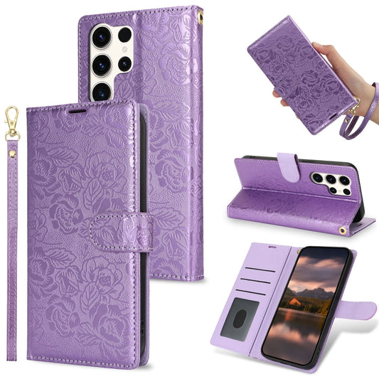 For Samsung Galaxy S25 Ultra 5G Peony Flowers Imprint Leather Phone Case(Purple) - Galaxy S25 Ultra 5G Cases by buy2fix | Online Shopping UK | buy2fix