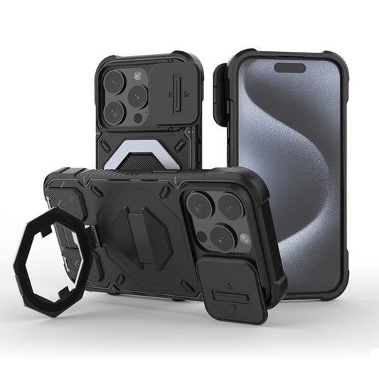 For iPhone 13 Pro Max Camera Shield Armor MagSafe Holder Phone Case with Strap(Black) - iPhone 13 Pro Max Cases by buy2fix | Online Shopping UK | buy2fix