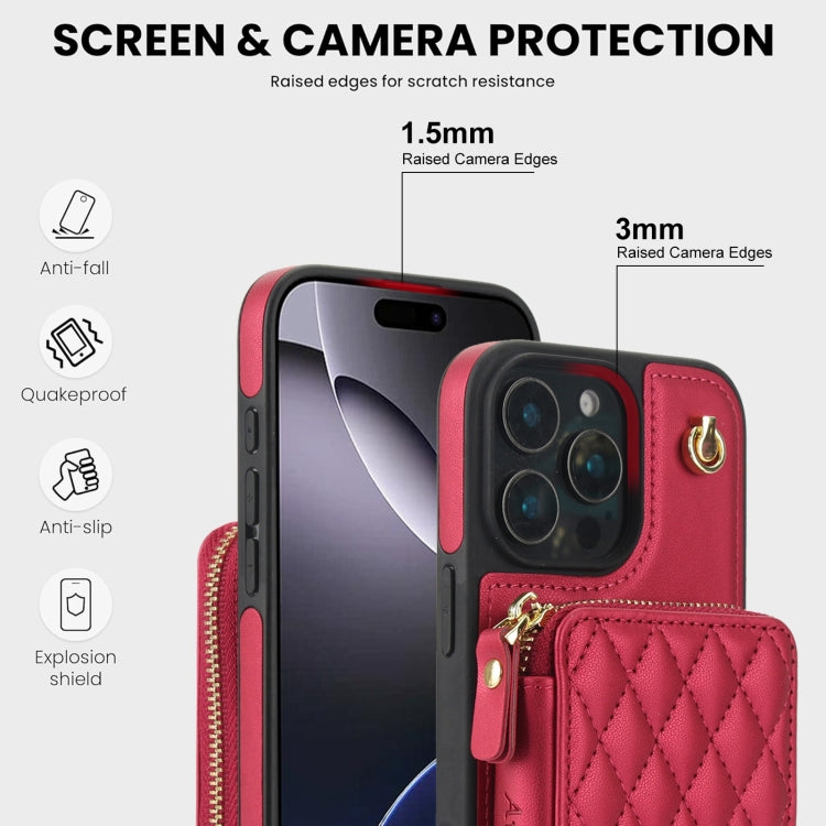 For iPhone 16 Pro AwQuer Crossbody Zipper Wallet Rhombic Leather Back Phone Case(Red) - iPhone 16 Pro Cases by Awquer | Online Shopping UK | buy2fix