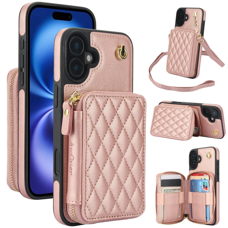 For iPhone 16 AwQuer Crossbody Zipper Wallet Rhombic Leather Back Phone Case(Rose Gold) - iPhone 16 Cases by Awquer | Online Shopping UK | buy2fix