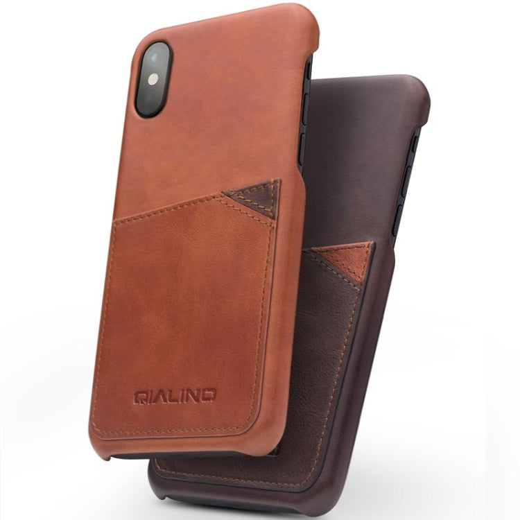 For iPhone X / XS QIALINO Shockproof Cowhide Leather Protective Case with Card Slot(Dark Brown) - More iPhone Cases by QIALINO | Online Shopping UK | buy2fix