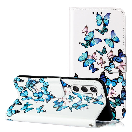 For Samsung Galaxy S25+ 5G Colored Drawing Marble Pattern Leather Phone Case(Little Blue Butterflies) - Galaxy S25+ 5G Cases by buy2fix | Online Shopping UK | buy2fix