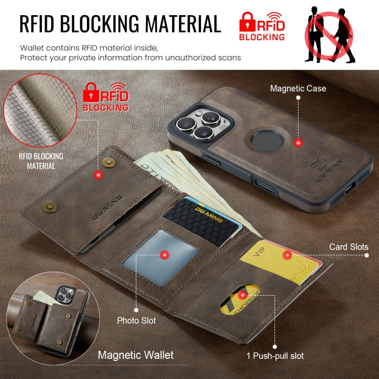 For iPhone 16 Pro DG.MING M6 Series RFID Tri-fold Card Bag Removable Leather Phone Case(Coffee) - iPhone 16 Pro Cases by DG.MING | Online Shopping UK | buy2fix