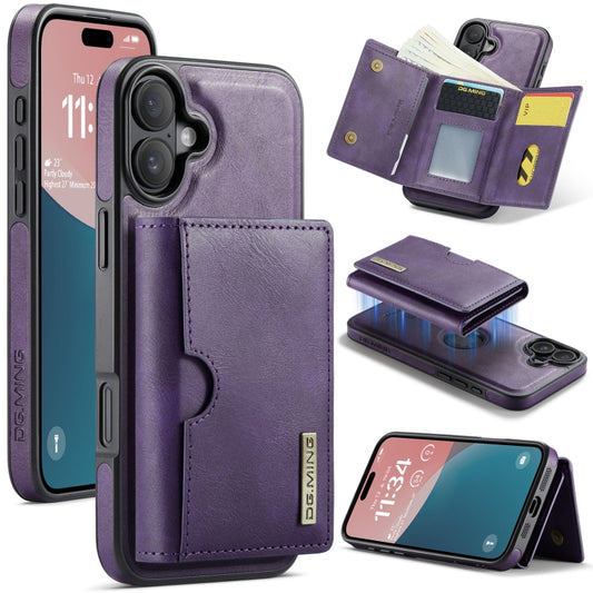 For iPhone 16 DG.MING M6 Series RFID Tri-fold Card Bag Removable Leather Phone Case(Purple) - iPhone 16 Cases by DG.MING | Online Shopping UK | buy2fix