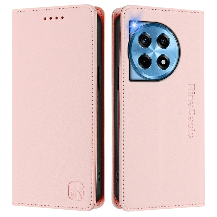 For OnePlus 12 Global RC01 Dual-Folded Magnetic Suction RFID Leather Phone Case(Pink) - OnePlus Cases by buy2fix | Online Shopping UK | buy2fix