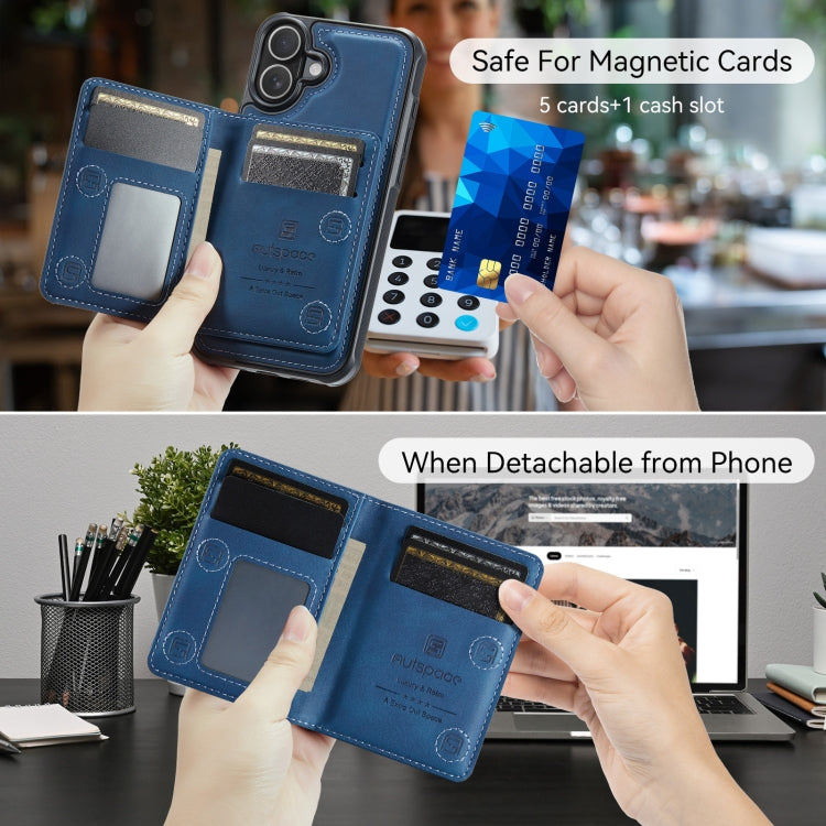 For iPhone 16 Plus AutSpace A13 MagSafe Magnetic RFID Flip Card Bag Phone Case(Blue) - iPhone 16 Plus Cases by AutSpace | Online Shopping UK | buy2fix