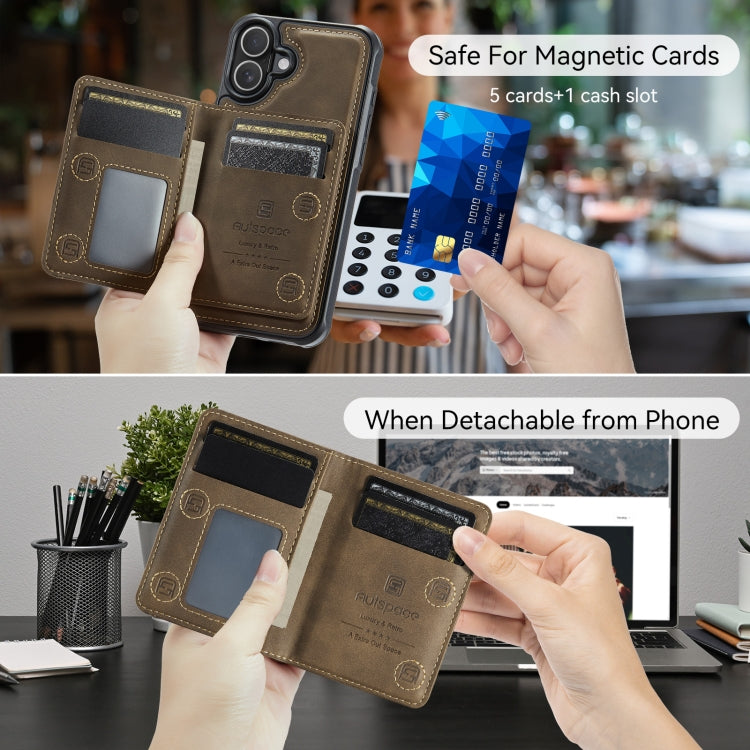 For iPhone 16 Plus AutSpace A13 MagSafe Magnetic RFID Flip Card Bag Phone Case(Coffee) - iPhone 16 Plus Cases by AutSpace | Online Shopping UK | buy2fix