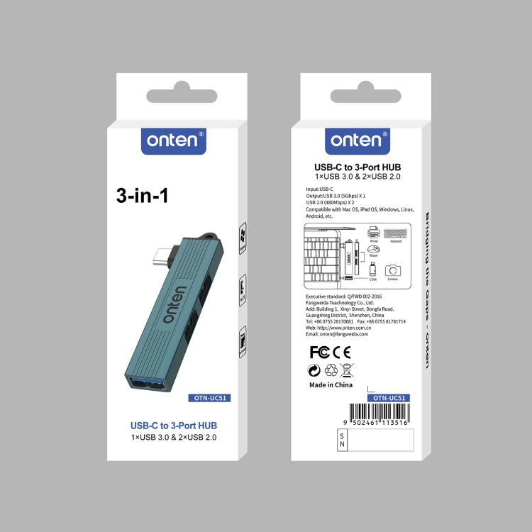 Onten UC51 3 in 1 Type-C to USB HUB(Pine Green) - USB HUB by Onten | Online Shopping UK | buy2fix