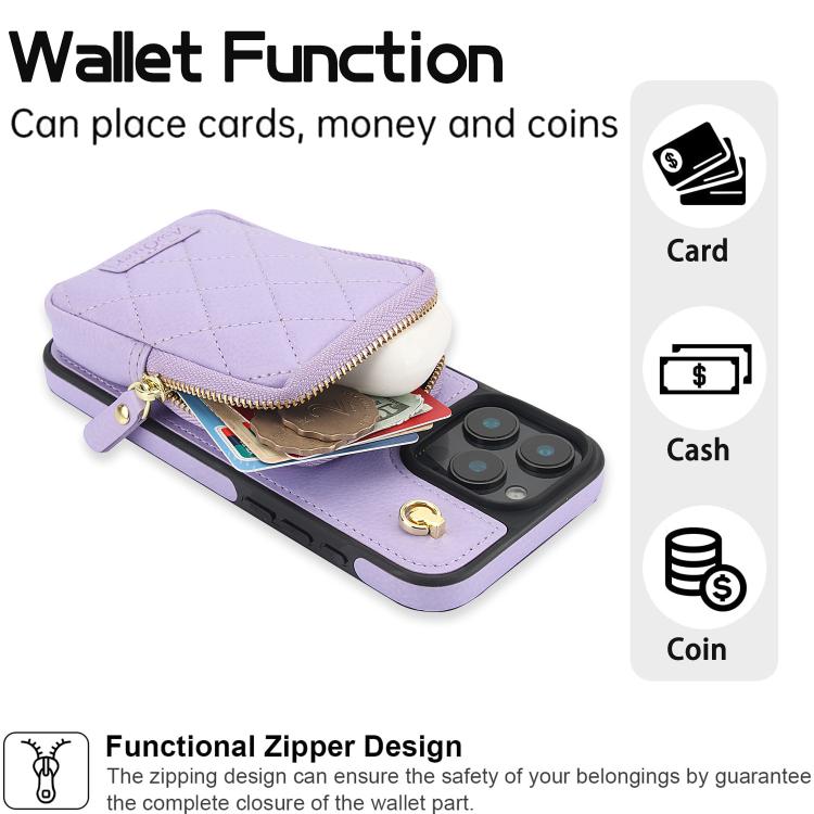 For iPhone 16 AwQuer Crossbody Zipper Wallet Bag Litchi Leather Phone Case(Light Purple) - iPhone 16 Cases by Awquer | Online Shopping UK | buy2fix