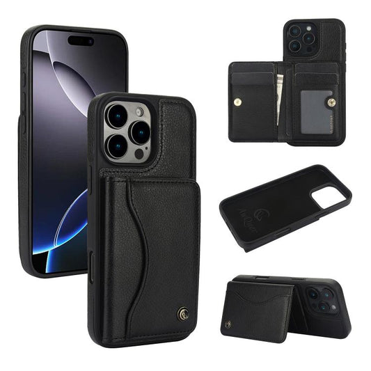 For iPhone 16 Pro AwQuer Horizontal Flip Card Bag Holder Leather Phone Case(Black) - iPhone 16 Pro Cases by Awquer | Online Shopping UK | buy2fix